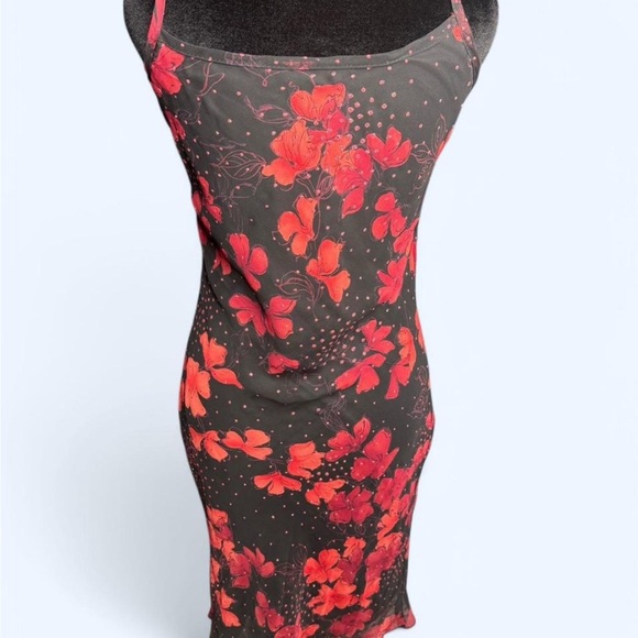 Younique floral mesh midi dress red black rhinestone tie front size S Y2K - Picture 5 of 7